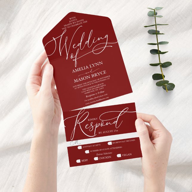 Casamento de Script de Caligrafia Vermelha e Branc (All in one Red Fancy Calligraphy Script Wedding Invitation)