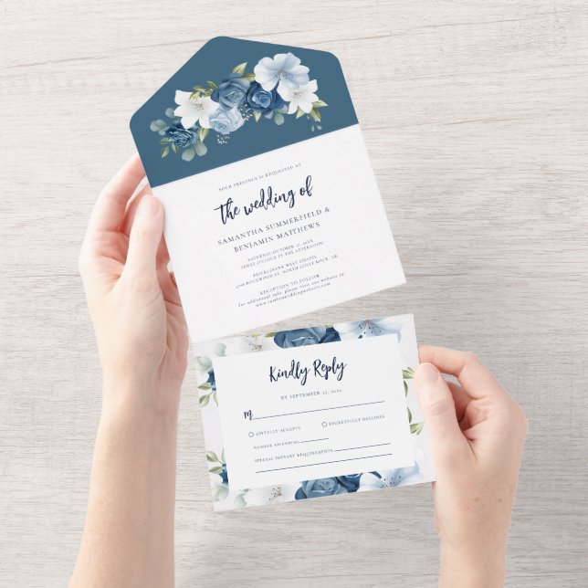 Casamento de Script Floral Azul Dusty com Mola Azu (Aba destacável)