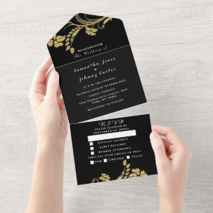 Casamento de Script Floral Preto e Dourado
