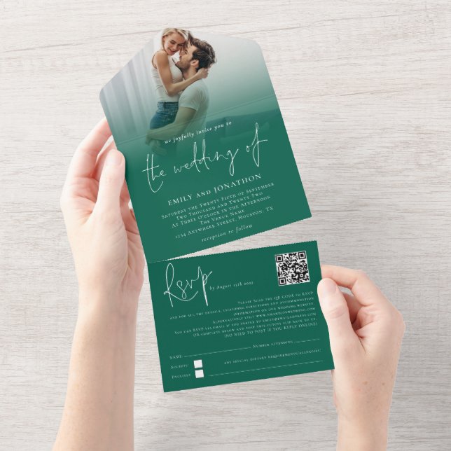Casamento de Script Verde Emerald com Código QR So (Aba destacável)