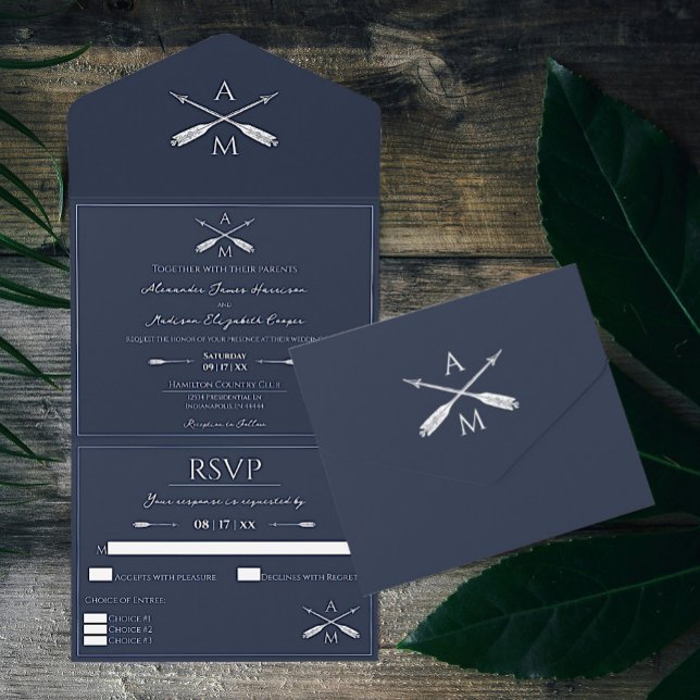 Casamento de Setas e Monogramas | Azul Marinho (Navy Blue Arrows and Monograms Wedding All in One Invitation)