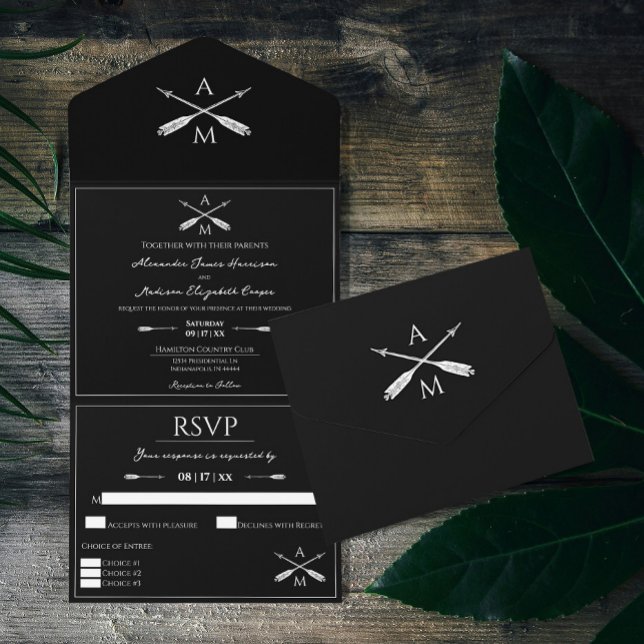 Casamento de Setas e Monogramas | Branco (Black Arrows and Monograms Wedding All in One Invitation)