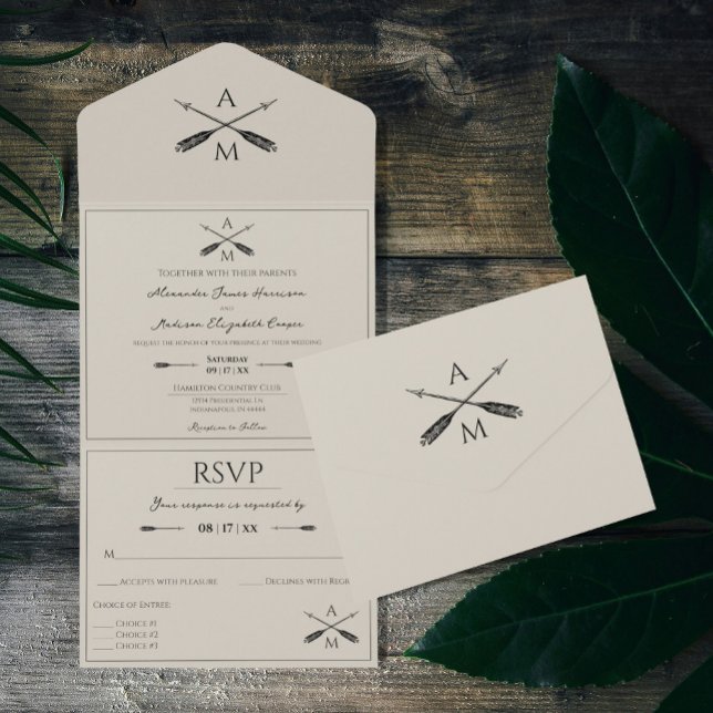 Casamento de Setas e Monogramas | Cerco (Beige Arrows and Monograms Wedding All in One Invitation)