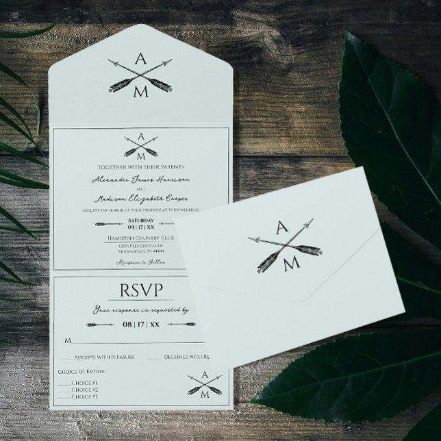 Casamento de Setas e Monogramas | Mint Green (Mint Green Arrows and Monograms Wedding All in One Invitation)