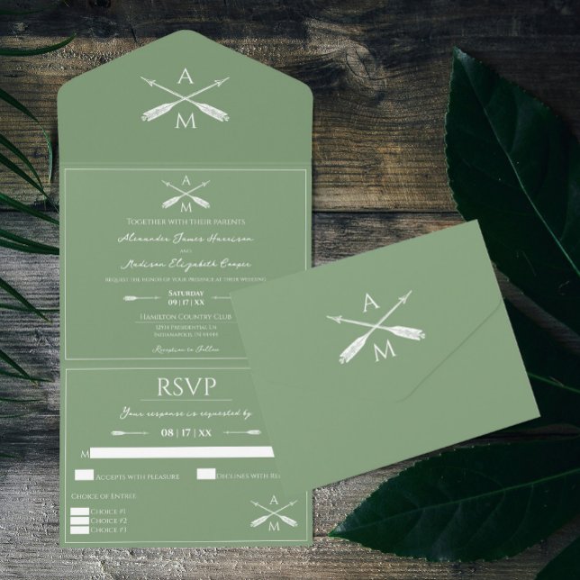 Casamento de Setas e Monogramas | Moss Green (Moss Green Arrows and Monograms Wedding All in One Invitation)