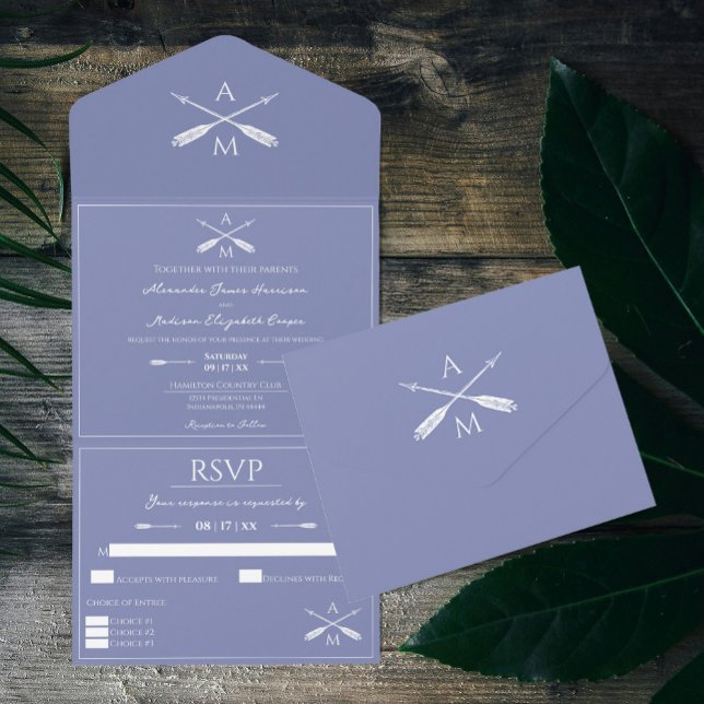Casamento de Setas e Monogramas | Periwinkle (Periwinkle Arrows and Monograms Wedding All in One Invitation)