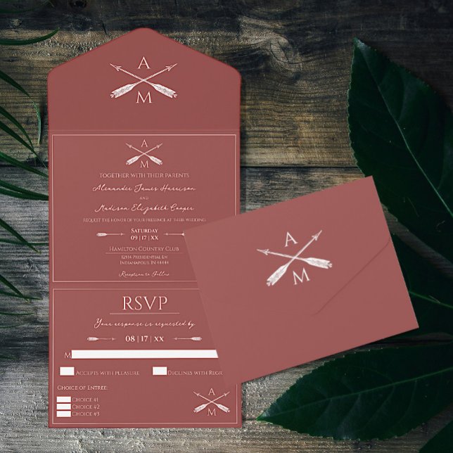 Casamento de Setas e Monogramas | Terracotta (Terracotta Arrows and Monograms Wedding All in One Invitation)