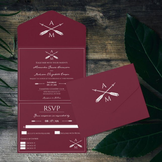 Casamento de Setas e Monogramas | Vinho (Wine Red Arrows and Monograms Wedding All in One Invite)