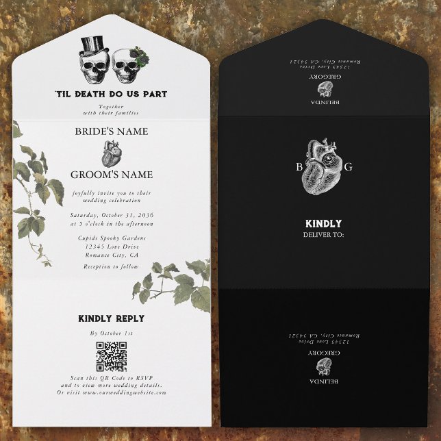 Casamento de Til Death Gothic Heart Floral Skulls (Til Death Gothic Heart Floral Skulls Wedding All In One Invitation)