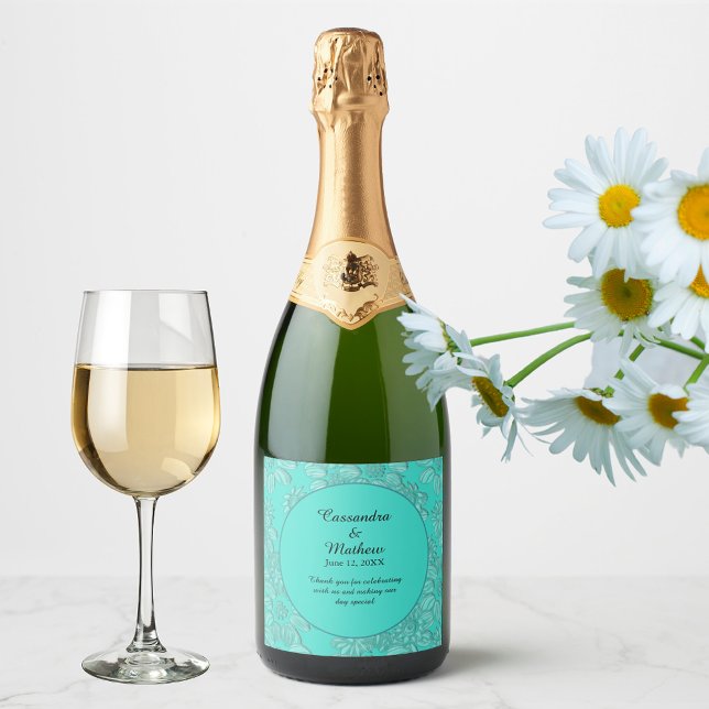 Casamento de Turquesa Floral Romântica das Visitas (Elegant Romantic Daisies Floral Turquoise Wedding Sparkling Wine Label)