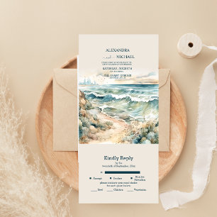 Casamento de Verão na Praia com Oceano em Aquarela