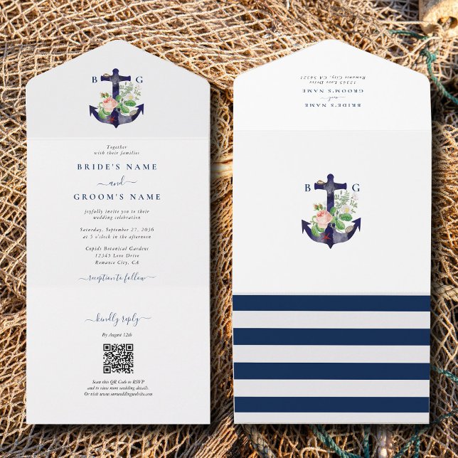 Casamento de Verão Náutico Floral de Âncora Botâni (Anchor Botanical Floral Nautical Summer Wedding All In One Invitation)