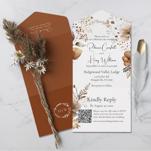 Casamento do Código QR de outono de outono da Boêm (Save time with this all-in-one wedding invitation, which includes a QR code for easy  online RSVP.)