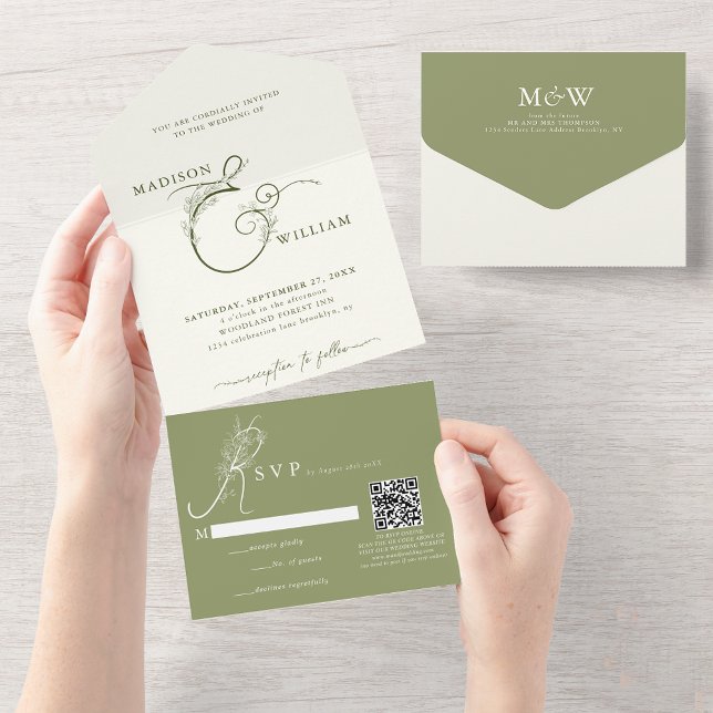 Casamento do Código QR do Ampersand Floral Verde d (Criador carregado)