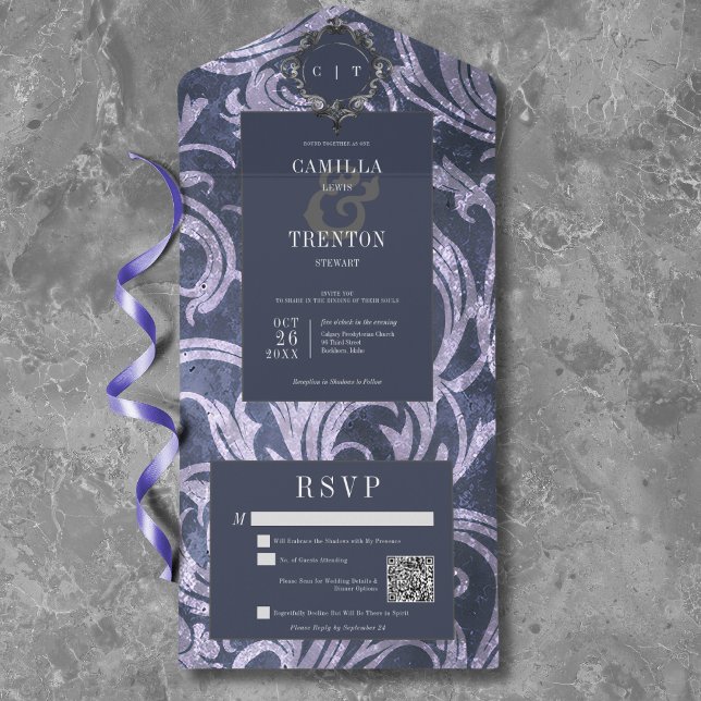 Casamento do Código QR do Damasco Roxo Púrpura Gót (Gothic Antique Purple Damask QR Code Wedding All In One Invitation)