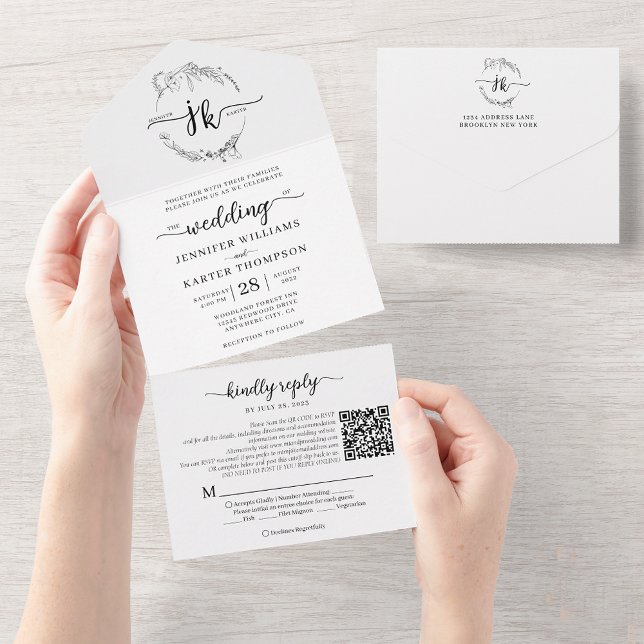 Casamento do Código QR do Monograma Branco Floral  (Criador carregado)