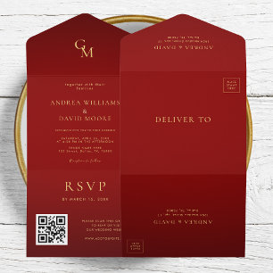 Casamento do Código QR do Monograma Dourado e Verm