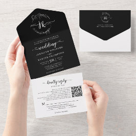Casamento do Código QR do Monograma Floral Preto E