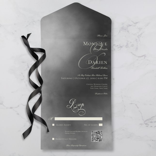 Casamento do Código QR do Nódulo Negro da Meia-Noi (Dark Moody Midnight Black Fog QR Code Wedding All In One Invitation)
