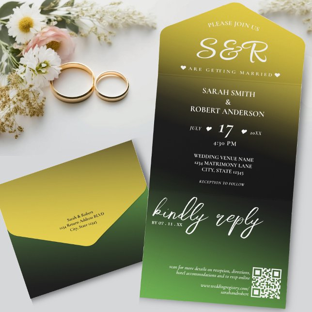 Casamento do Código QR do Omã de Omã Preto Verde e (Green Black & Gold Jamaica Ombre QR Code Wedding All In One Invitation)