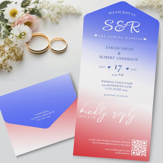 Casamento do Código QR do Ombre Vermelho Branco e  (Red White & Blue Ombre QR Code Wedding All In One Invitation)
