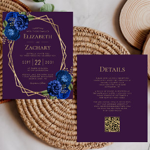 Casamento do Código QR Dourado Floral Azul Roxo do