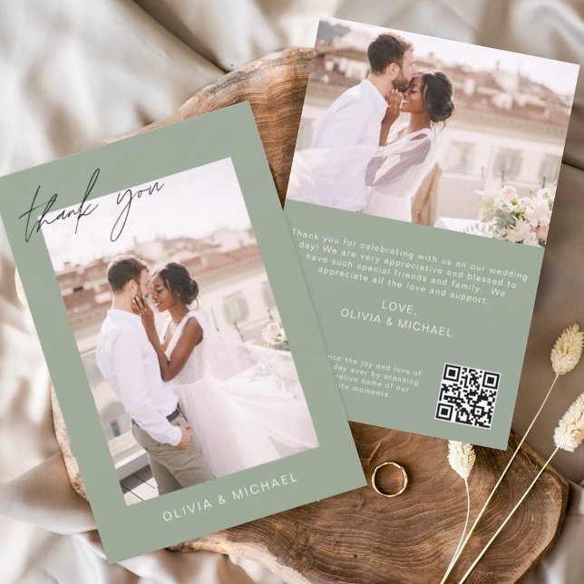 Casamento do Código QR Verde Sage Obrigado Cartão  (Criador carregado)