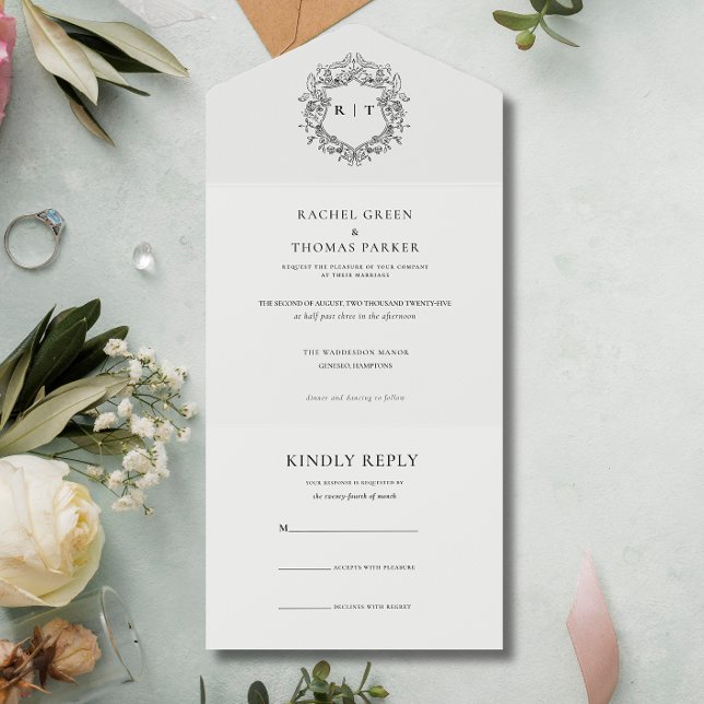 Casamento do Monograma Branco e Preto Elegante (Elegant Black & White Monogram Wedding All In One Invitation)