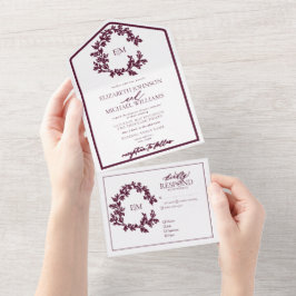 Casamento do Monograma de Folha Moderna e Borgonha