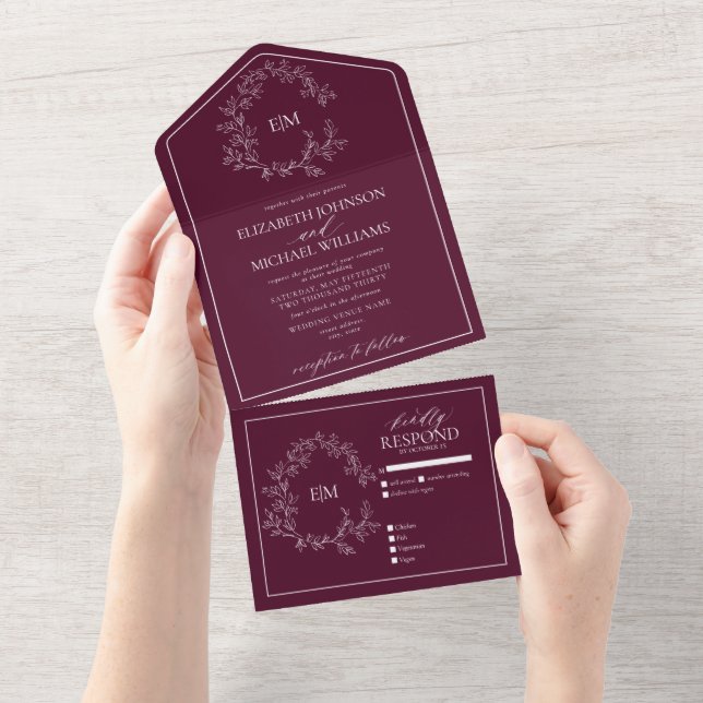 Casamento do Monograma de Folha Moderna e Borgonha (Tearaway)