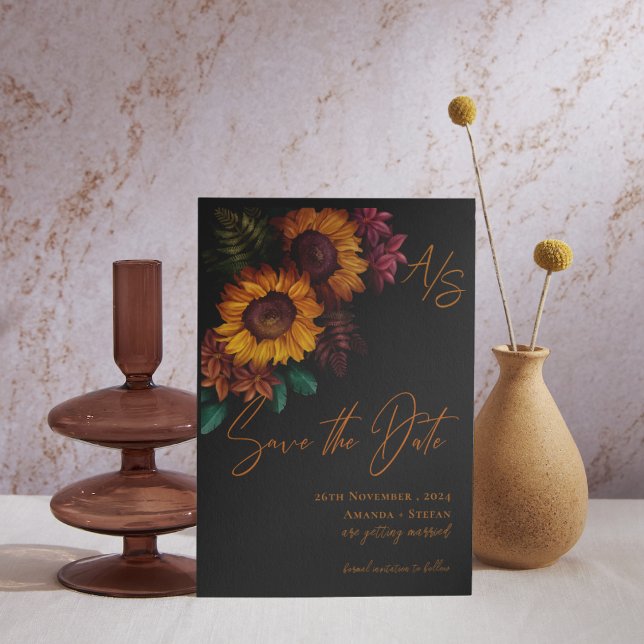 Casamento do Monograma Laranja Queimado Preto Salv (Black Burnt Orange Elegant Wedding Save the Date Invitation)