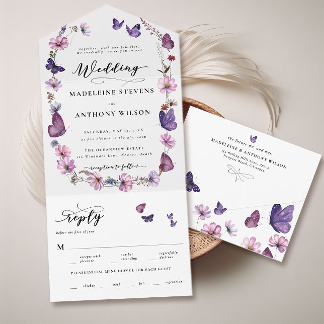 Casamento do Partido do Jardim Romântico da Borbol (whimsical wildflowers butterflies garden party seal and send tri fold wedding invitation watercolor )