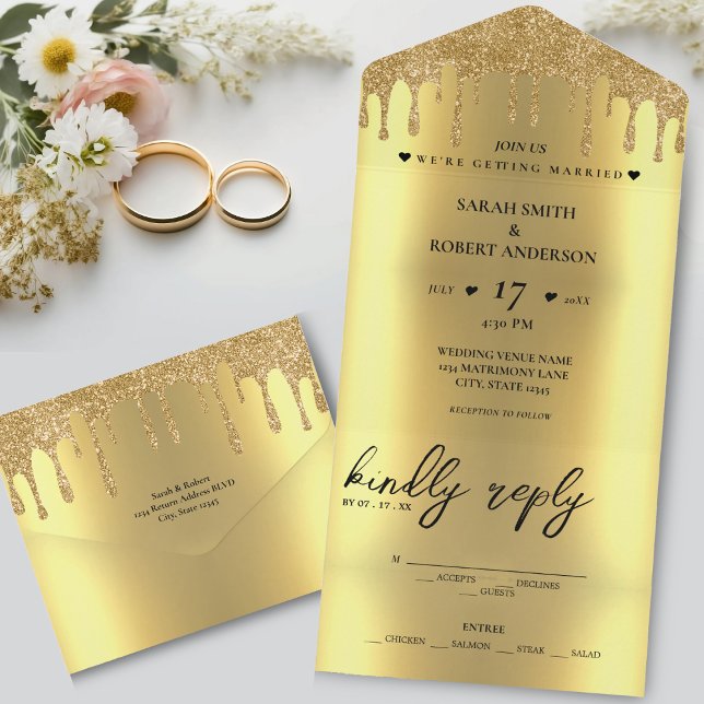 Casamento Dourado com Lixo (Gold Glitter Drip Wedding All In One Invitation)