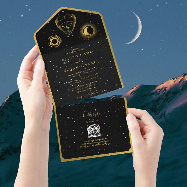 Casamento Dourado das Estrelas Celestiais Crescent (Celestial Stars Crescent Moon Black Gold Wedding All In One Invitation)