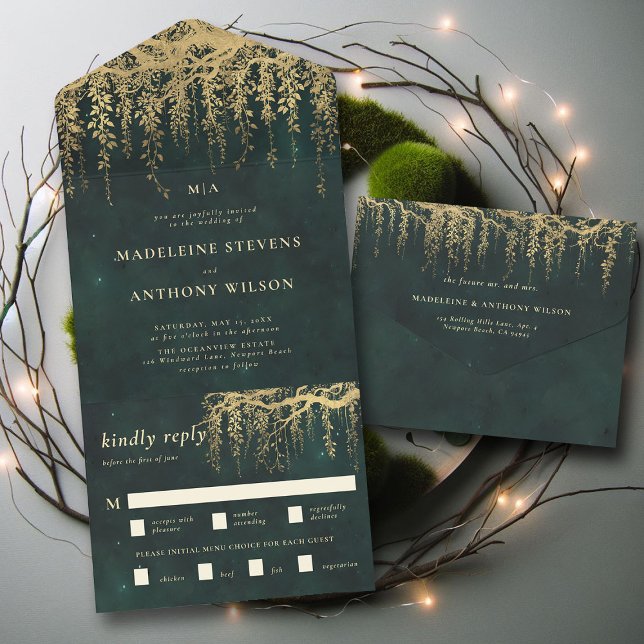 Casamento Dourado de conto de fadas do Jardim Enca (enchanted forest trifold wedding invitation seal send emerald gold branches vines elegant classy)