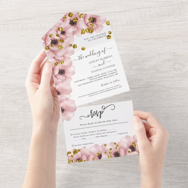 Casamento Dourado de Flores Elegantes de Aquarela (Aba destacável)