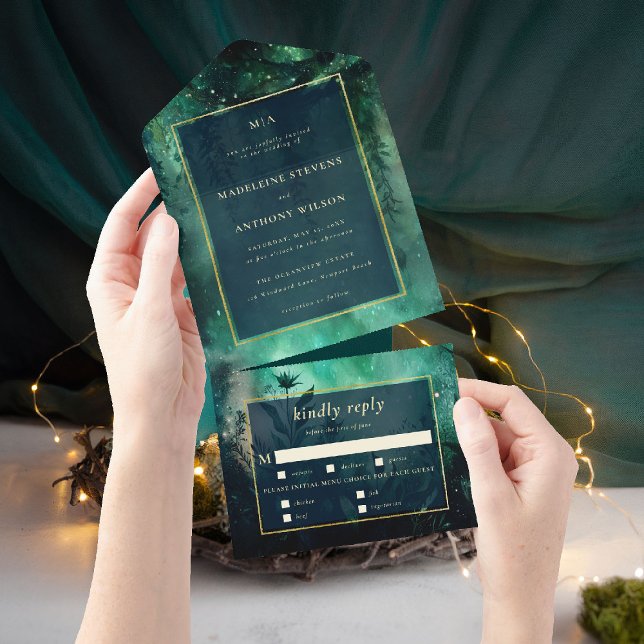 Casamento Dourado de Floresta Romântica Encantada  (enchanted forest wedding invitation seal send romantic greenery all in one green gold magical woods )
