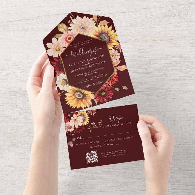 Casamento Dourado de QR RSVP de Queda de Burgundy  (Aba destacável)