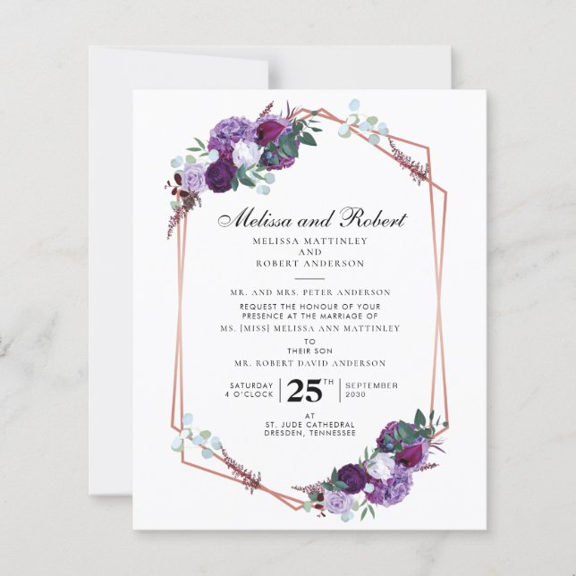 Casamento Dourado de Rosa Geométrico com Purple Fl (Frente)