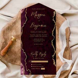 Casamento Dourado de Script Agate Vermelho Burgund