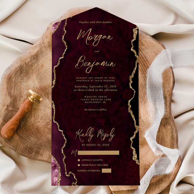 Casamento Dourado de Script Agate Vermelho Burgund (Criador carregado)