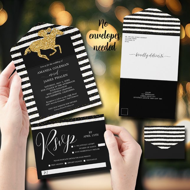 Casamento Dourado de Stripes Brancas Negras (Gold racehorse black and white stripes all in one wedding invitations)