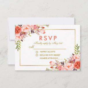 Casamento Dourado de Watercolor Coral Floral RSVP