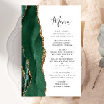 Casamento Dourado do Emerald Green Emerald Green<br><div class="desc">A borda esquerda deste elegante cardápio moderno de casamento apresenta uma esmeralda verde aquarela agata borda com falsa brilho dourado. O texto personalizável combina o script de escrita manual de cinzas de carvão branco e as fontes de impressão em um fundo branco. O verso apresenta um design emerald verde e...</div>