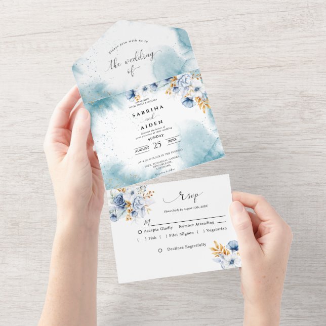 Casamento Dourado Floral Branco Dusty Blue (Aba destacável)
