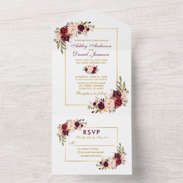 Casamento Dourado Floral de Berurgundy (Inside)