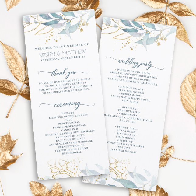 Casamento Dourado Floral de Elegante Dusty Blue Wa (Elegant dusty blue greenery with gold accent makes this the perfect program for your boho wedding)