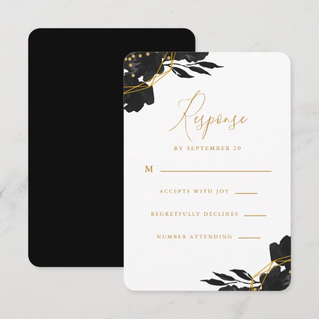 Casamento Dourado Floral Negro Elegante Rsvp (Frente/Verso)