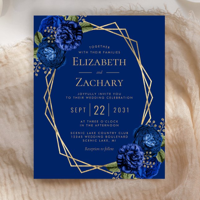 Casamento Dourado Floral Real Azul (Criador carregado)