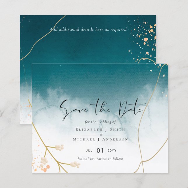 Casamento Dourado Moderno Misty Blue (Frente/Verso)